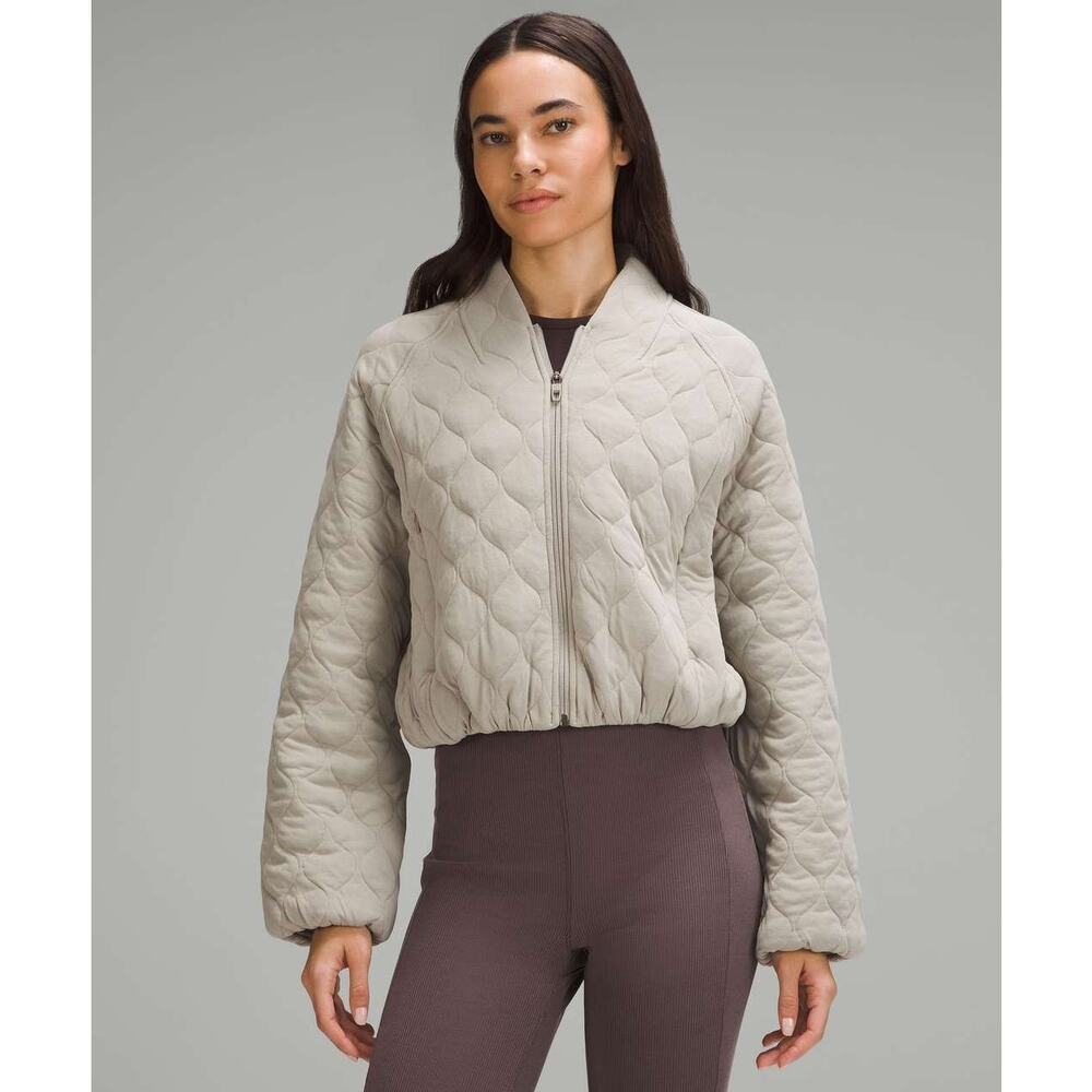 Lululemon Quilted Zip Front Cropped Bomber Jacket Riverstone Gray Tan 4